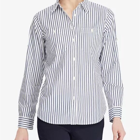 Lauren Jeans Co Striped Roll Tab Cotton Pocket Shirt Size Large - Picture 1 of 13